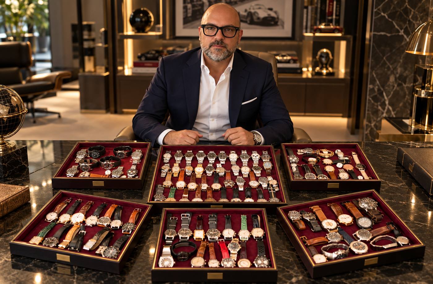 Giovanni Varesi alla scrivania, davanti a cinque vassoi di orologi da collezione
